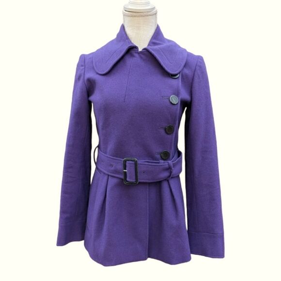 Aquascutum London Women's Wool Purple Peplum Buttoned Coat with Belt Size 6 Reg - Picture 1 of 10